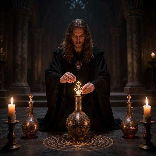 Photograph of a long-haired man in black robes, lighting an ornate, glowing vase with candles in a dark, gothic cathedral.