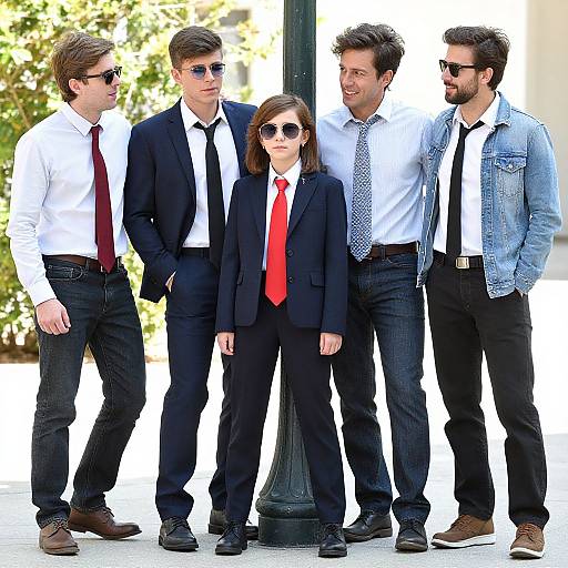 Photograph of five stylishly dressed men and one woman in business attire, standing outdoors with greenery in the background.