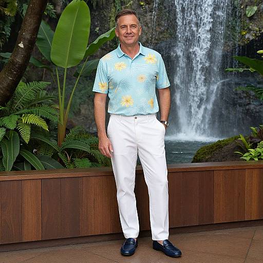 Photograph of a middle-aged man with short brown hair, wearing a light blue shirt with yellow sunflowers, white pants, and black shoes, standing