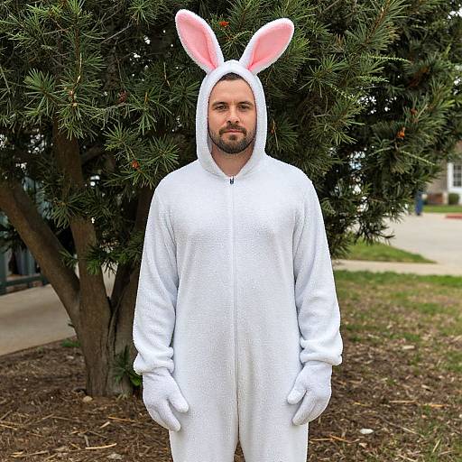 Photograph of a bearded man with a beard, wearing a white bunny costume with pink ears, standing in front of a green tree. Daytime