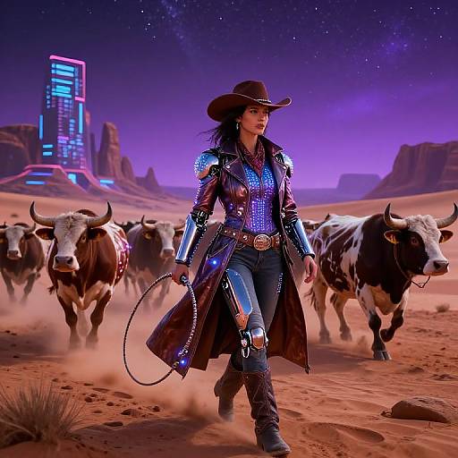 Digital art: Muscular woman in futuristic cowboy attire, brown hat, blue armor, leading cows in a neon-lit, starry desert night.