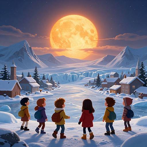 Digital illustration of six children in winter clothes, gazing at a glowing full moon over a snow-covered village and mountain landscape.