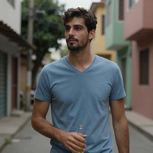 Man in Blue T-shirt Holding Bottle in Alley
