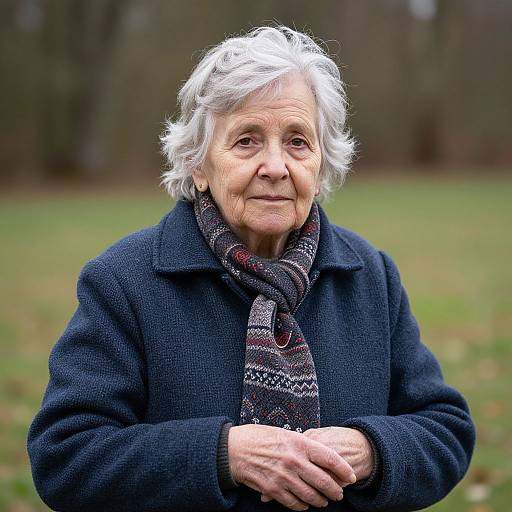 Photograph of an elderly woman with short white hair, wearing a dark blue coat and patterned scarf, standing in a grassy park.