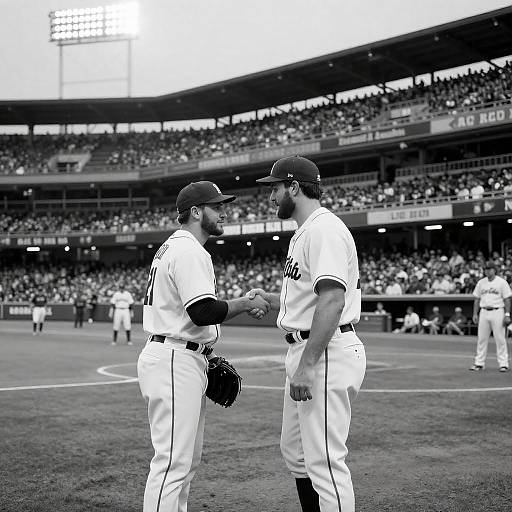 Black-and-White Baseball Stadium Handshake Moment