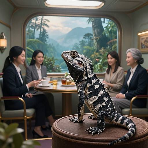 Photograph of four Asian women in business attire, seated around a table in a mountain-view restaurant, with a large, detailed iguana on a