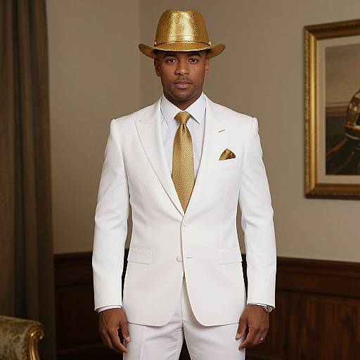 Photograph of a Black man in a white suit, gold tie, and matching gold hat, standing in a warmly lit room with wood paneling and