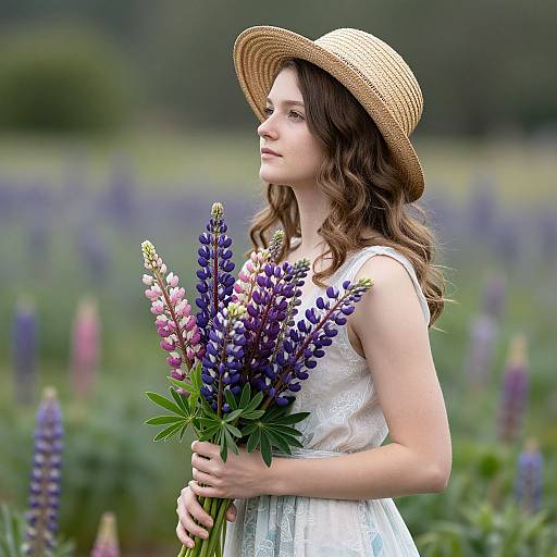 Photograph of a young woman with wavy brown hair, wearing a white lace dress and straw hat, holding purple lupines in a blooming field
