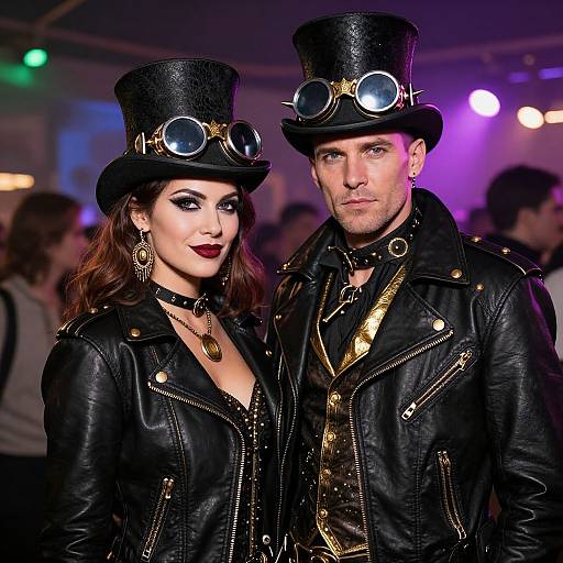 Photograph of a stylish couple in black leather jackets, top hats, and goggles, with dark makeup and gold accessories, in a dimly lit,