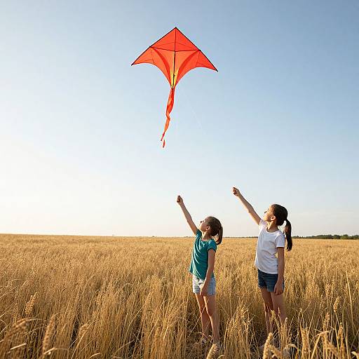 Girls Flying Red Kite in Golden Field