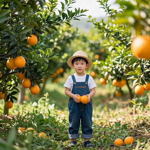 Boy in Orange Orchard on Sunny Day