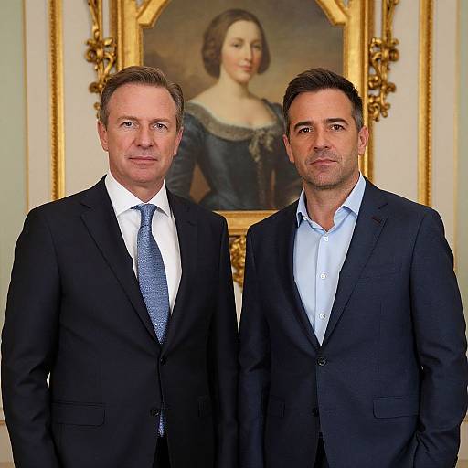 Photograph of two men in black suits standing in front of a framed portrait, both smiling, with ornate golden frame background.