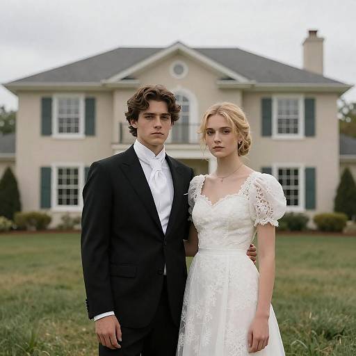 Victorian Couple Standing Before Beige Mansion