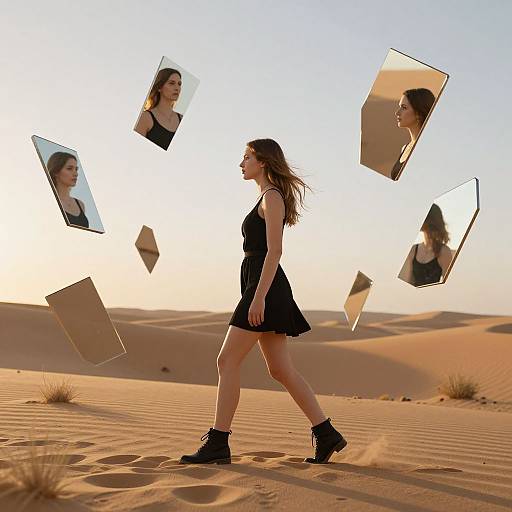 Photograph of a woman in a black dress and boots walking in a desert, surrounded by floating mirror images of herself.
