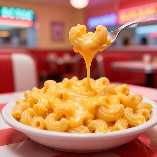 Photograph of creamy orange macaroni and cheese in a white bowl, with a spoon lifting a bite, set in a neon-lit retro diner