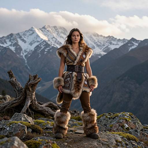 Photograph of a woman with long brown hair, wearing a fur-trimmed, patterned tribal outfit, standing confidently on a rocky mountain peak with