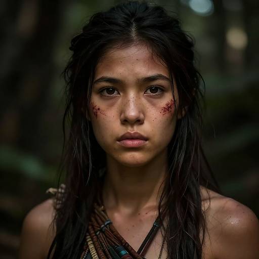 Photorealistic portrait of a young Indigenous woman with long, wet black hair, red facial paint, and traditional necklace, set in a dark, forest
