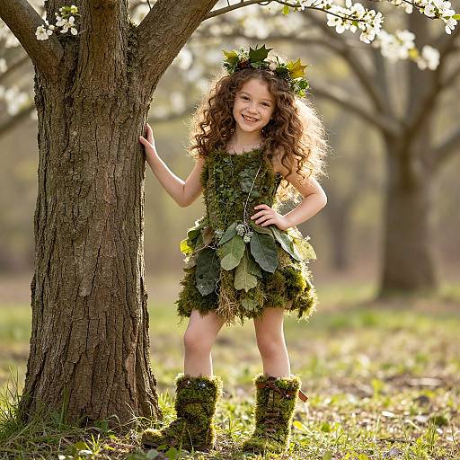 Photograph of a smiling young girl with curly brown hair, wearing a leafy forest dress and moss boots, leaning against a tree in a sunlit