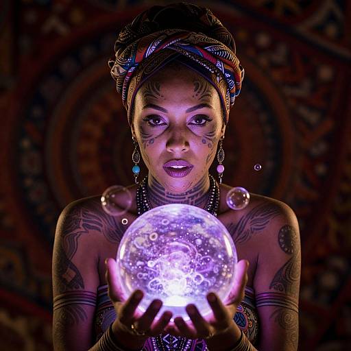 Photograph of a tattooed woman with dark skin, colorful headwrap, and glowing purple bubble orb, set against a dark, patterned background.