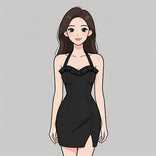 Digital anime-style drawing of a young woman with long brown hair, wearing a black strapless dress with a ruffled top, standing against a light blue