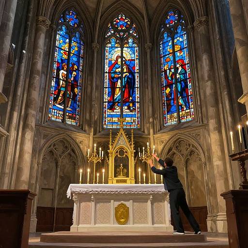 Photograph of a man in a dark suit bowing in a grand, Gothic cathedral with vibrant stained glass windows and a lit altar.