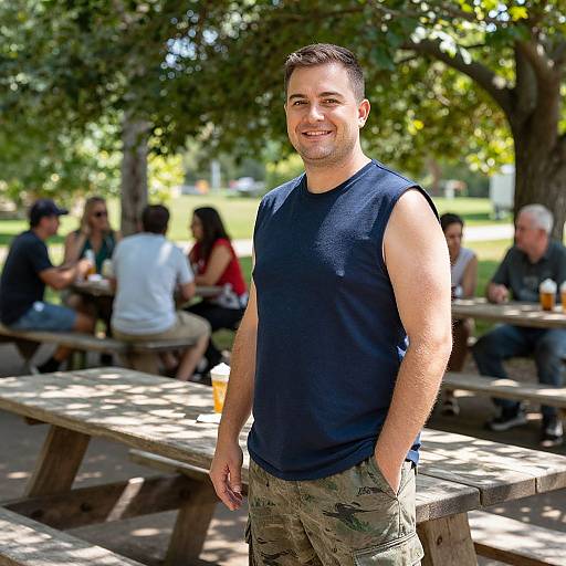 Photograph of a smiling, athletic, Caucasian man with short brown hair, wearing a black sleeveless shirt and camouflage pants, standing in a sunlit