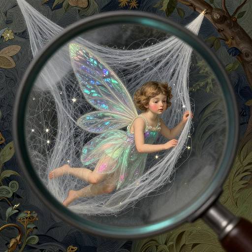 Digital art of a fairy with iridescent wings in a spider web, magnified through a microscope, against a floral background.