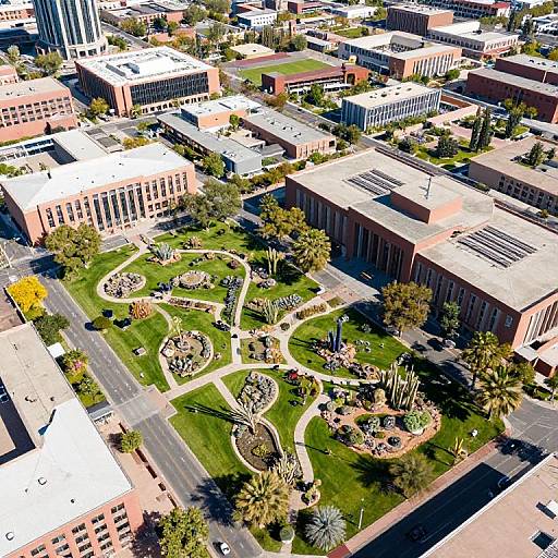 Aerial photograph of a sunlit urban area with a lush, circular park featuring pathways, trees, and flowerbeds, surrounded by modern buildings.