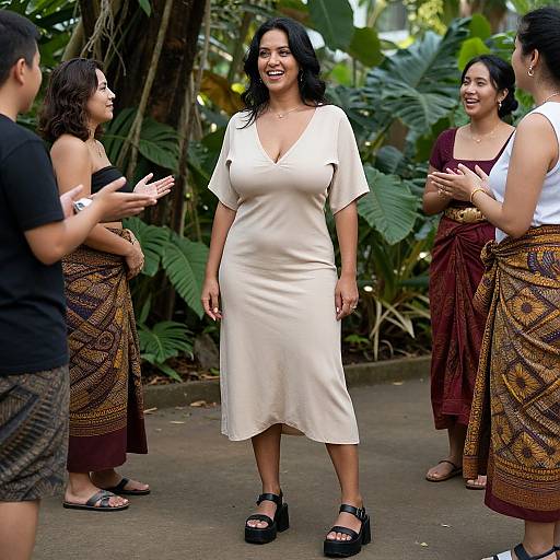 Photograph of a smiling, curvy Latina woman in a white V-neck dress, black sandals, surrounded by four women in patterned sarongs,