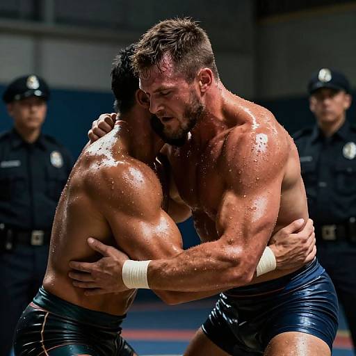 Photograph of two muscular, shirtless male wrestlers with wet skin, black shorts, white wristbands, grappling intensely in a dimly lit gym,