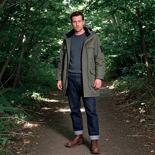Photograph of a bearded man in an olive green jacket, gray sweater, dark jeans, and brown boots standing on a forest path. Dense green