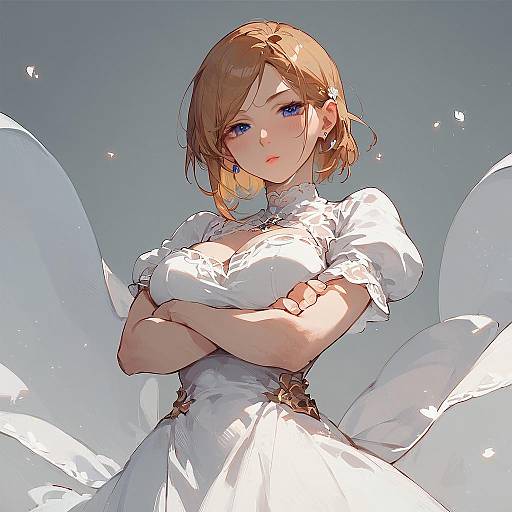 Digital anime-style illustration of a confident, light-skinned woman with short brown hair, blue eyes, and crossed arms, wearing a white, Victorian-inspired