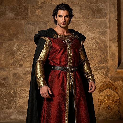 Photograph of a muscular, dark-haired man with a serious expression, wearing a red and gold medieval-style tunic with a black cape, standing against