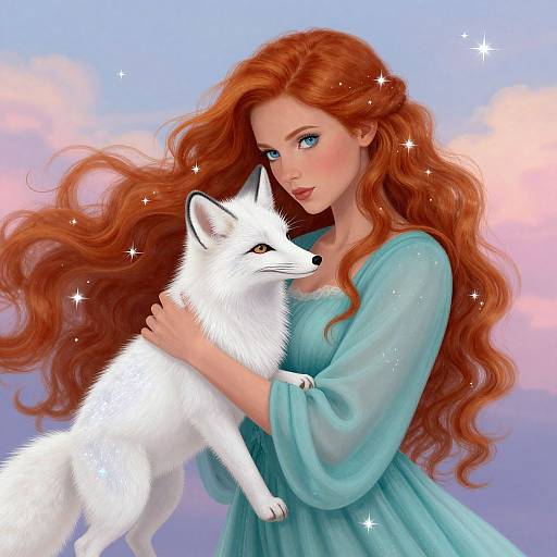 Digital illustration of a fair-skinned woman with long, wavy red hair embracing a white fox against a pastel sky with sparkling stars. She wears