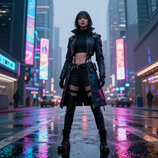 Digital art of a fierce, dark-haired woman in a black leather jacket and shorts, standing in a neon-lit, rainy city street. Urban,