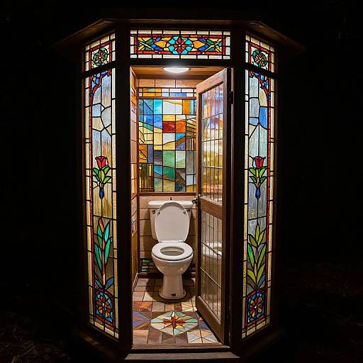 Photograph of a brightly lit, stained glass-enclosed toilet stall with colorful geometric patterns, featuring a white toilet and floral designs.