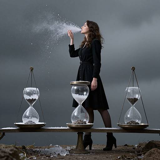 Photograph of a dark-haired woman in a black dress drinking from a glass hourglass, surrounded by three glowing hourglasses under a stormy sky