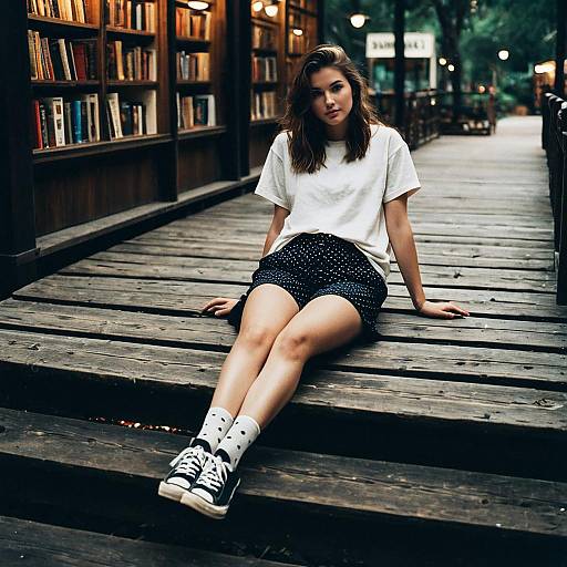 Young Woman Lounging on Wooden Boardwalk