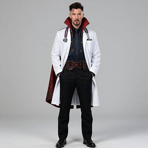 Man in Doctor Strange Tunic and Lab Coat with Stethoscope
