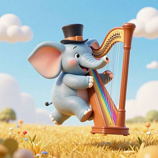 Cute, blue cartoon elephant with a black top hat joyfully plays a wooden harp with rainbow strings in a sunny meadow.