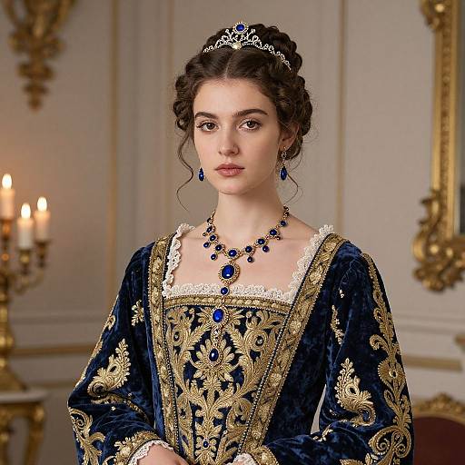 Digital portrait of a young, fair-skinned woman with dark hair in an ornate blue and gold gown, adorned with blue gems and a tiara