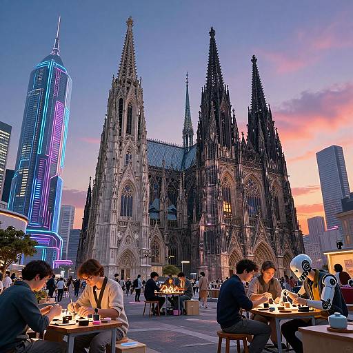 Photograph of sunset over a bustling city square, featuring people dining at tables in front of a grand gothic cathedral with towering spires and a neon