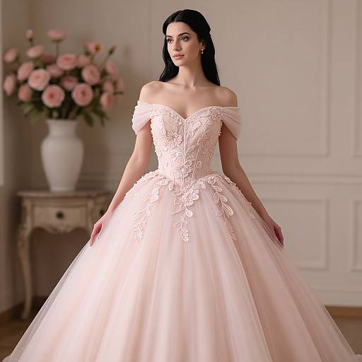 Photograph of a dark-haired woman in an off-shoulder, lace-embellished, pink ball gown, standing in a softly lit room