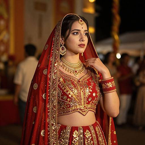 Photograph of an Indian bride in a red and gold traditional lehenga, veil, and jewelry, standing confidently at a nighttime festival.