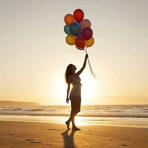 Silhouetted girl in summer dress holding colorful balloons, walking on golden beach at sunset, with sun reflecting off wet sand.