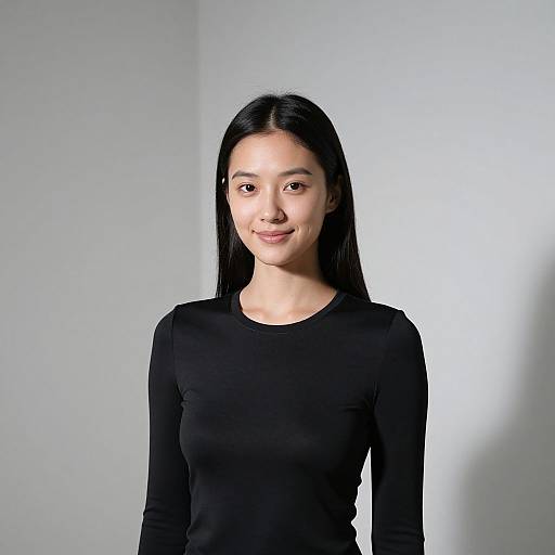 Photograph of an Asian woman with long black hair, wearing a black long-sleeve shirt, standing against a light gray background, smiling softly.