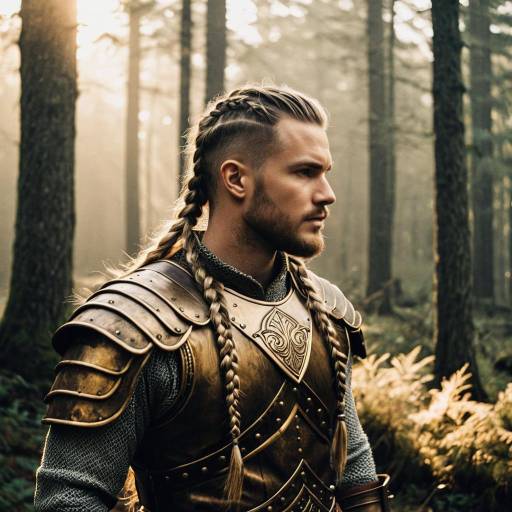 Man with Viking Braids in Bronze Armor in Forest