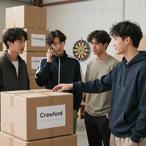 Young Men Collaborating in Warehouse Setting