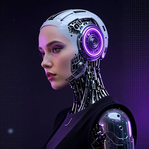 Photorealistic CGI of a cybernetic woman with a white, glowing head, purple headphones, and exposed mechanical neck and shoulders, against a dark