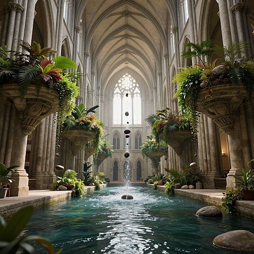 Photograph of a Gothic cathedral interior with a serene water fountain, lush green plants, and intricate stone arches. Sunlight filters through the large,